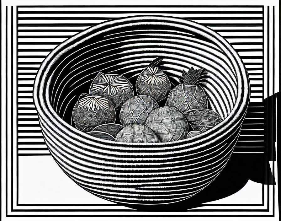 Abstract bowl with patterned spheres on striped background