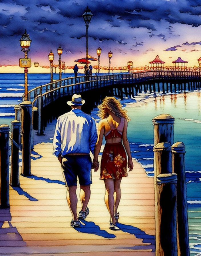 Couple walking on pier at sunset with purple and orange sky.