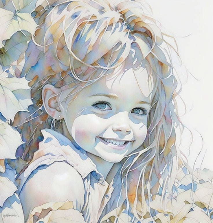 Smiling young girl with curly hair in watercolor portrait