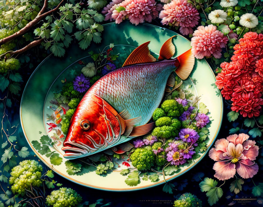 Colorful illustration: Red fish on plate with vibrant flowers