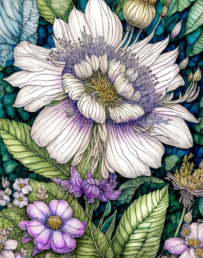 Detailed White, Purple & Green Flower Illustration