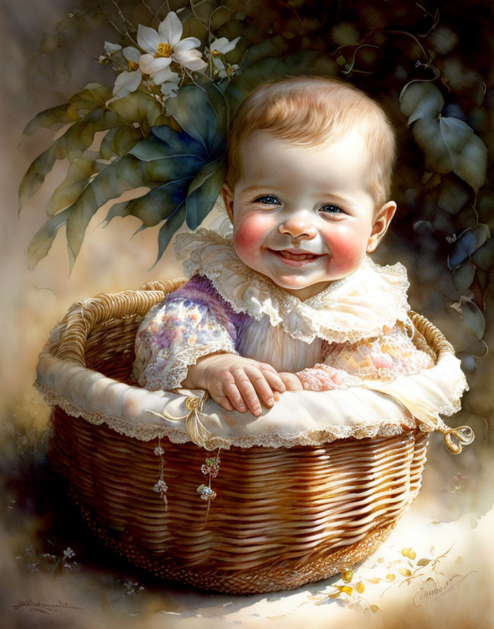 Smiling baby in wicker basket with flowers and pearl necklace