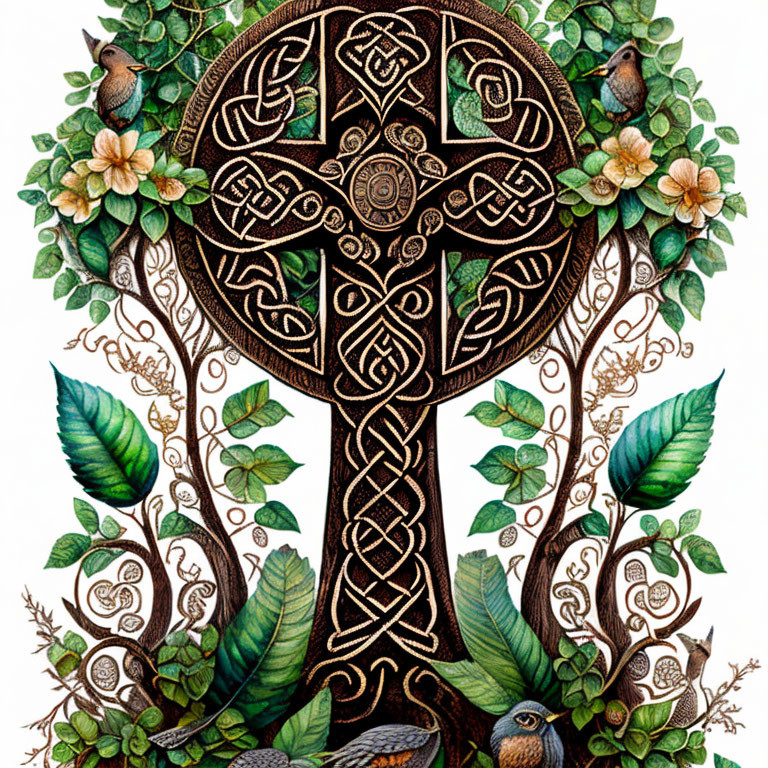 Intricate Celtic cross with birds and knot patterns in lush greenery