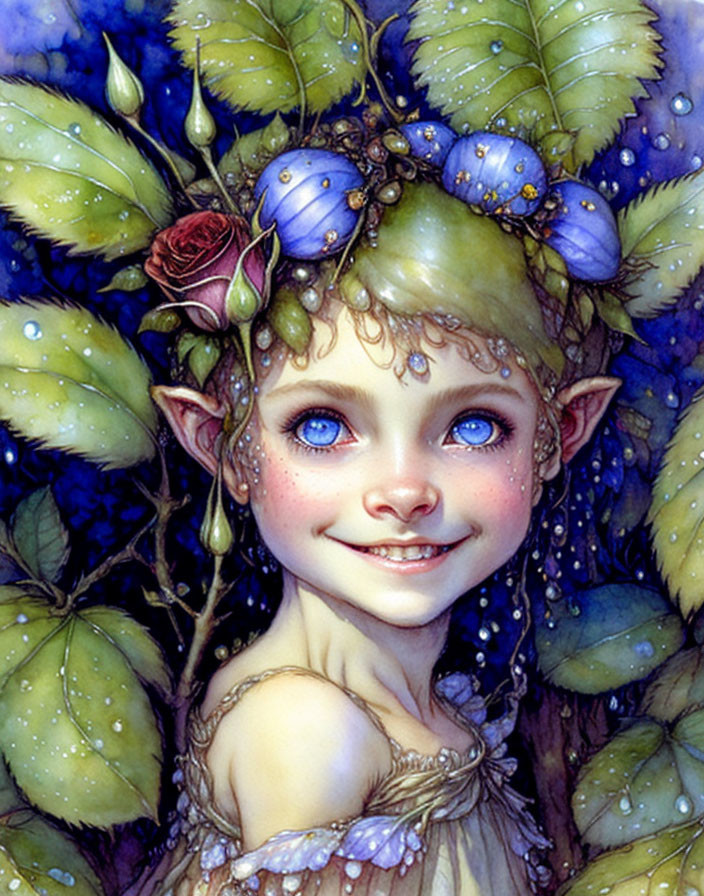 Smiling fairy with pointed ears, blue eyes, leaves, berries, and pink rose