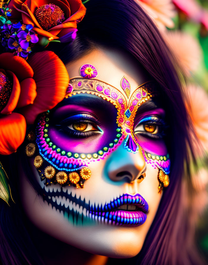 Skull motif and floral face paint for Day of the Dead