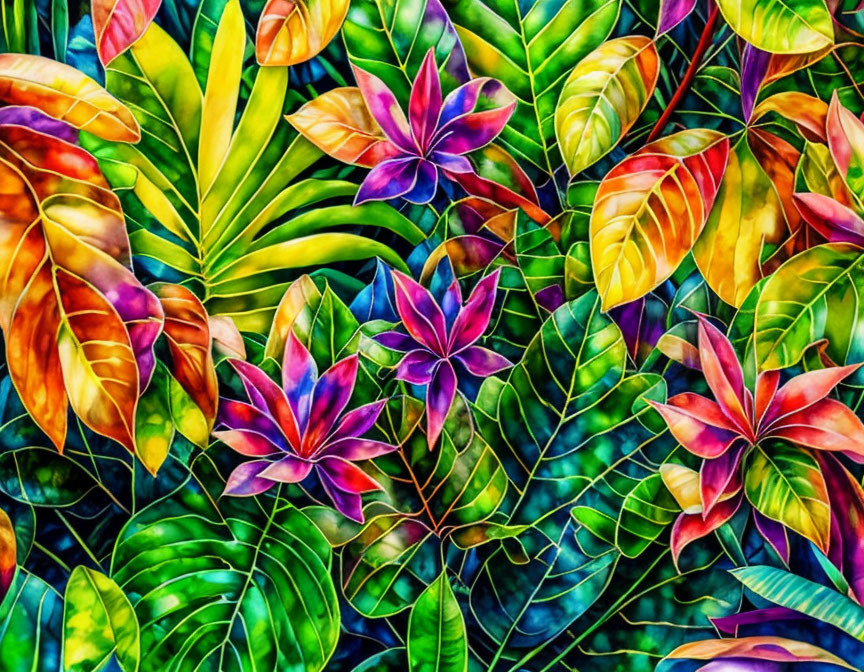 Multicolored Tropical Leaves in Green, Yellow, Purple, and Red