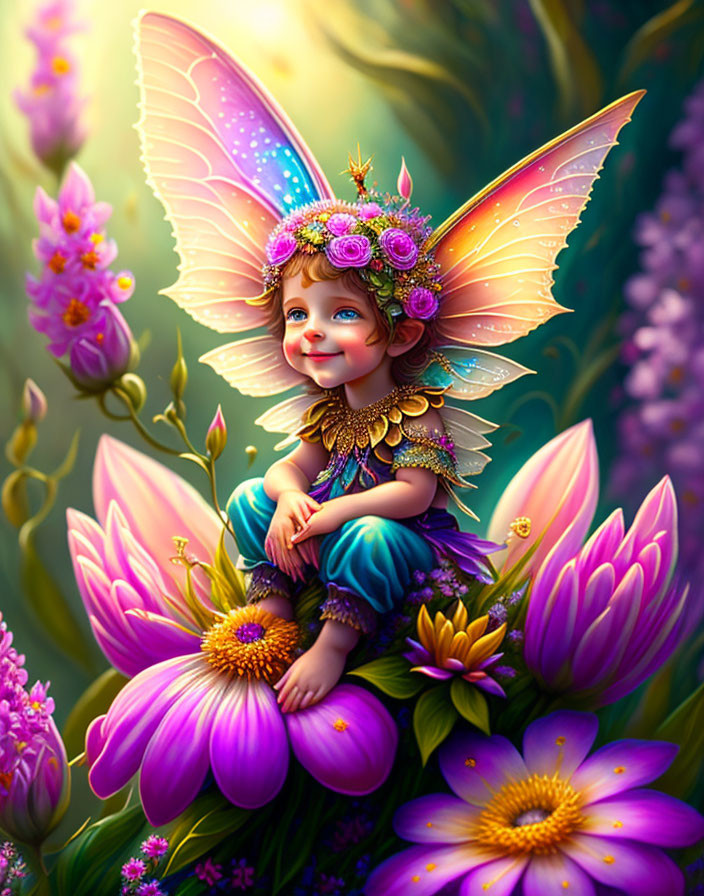 Illustrated fairy child with colorful wings on vibrant purple flowers