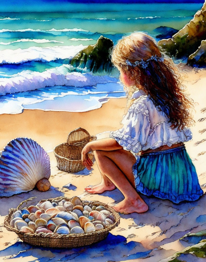 Young girl by shore with seashells basket and waves in watercolor