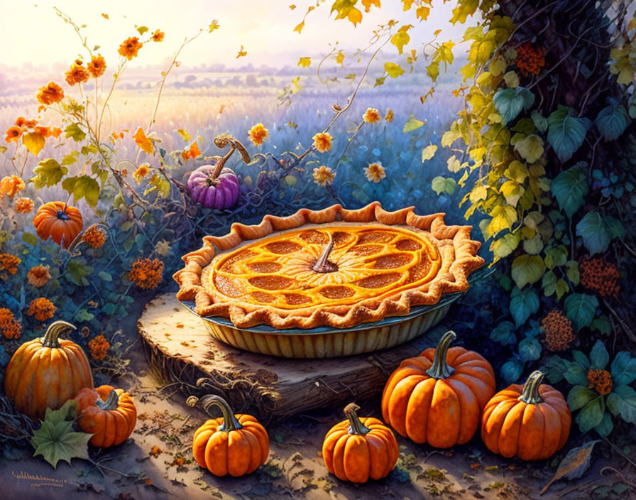 Detailed autumnal painting with pumpkin pie, small pumpkins, orange flowers, and vine-covered trell