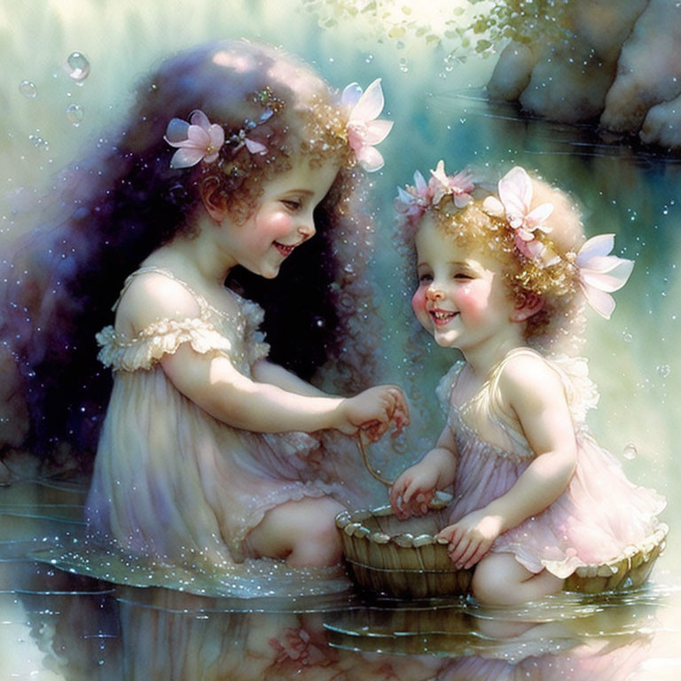 Two young girls with fairy wings and pink floral crowns playing by water with a wicker basket