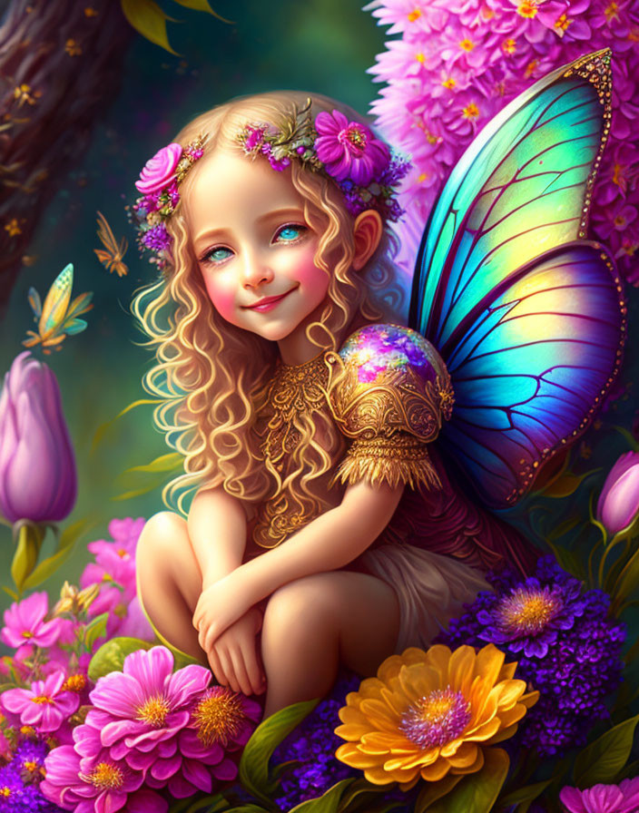 Young girl with iridescent fairy wings in vibrant flower garden