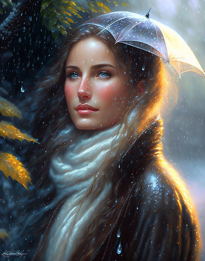 Woman with umbrella in rain, white scarf, glistening water droplets