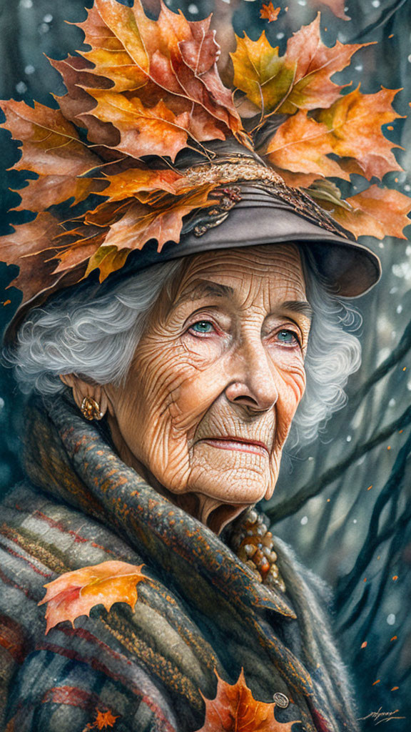 Elderly woman in autumn attire smiling in snowy setting