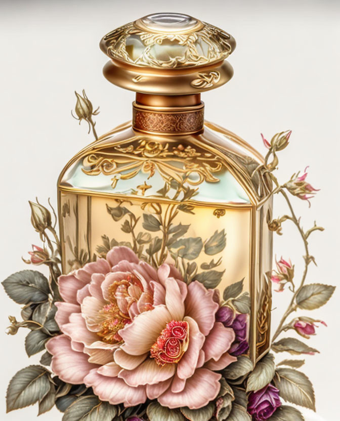 Floral design perfume bottle with pink roses and golden accents