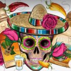 Colorful Day of the Dead skull with floral patterns and sombrero