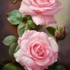 Three pink roses with raindrops on petals and leaves against soft-focus background.