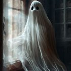 Ghostly Figure in White Sheet by Window Against Stormy Sky