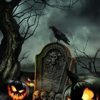 Black Cat on Tombstone in Spooky Cemetery with Jack-o'-lanterns, Full Moon,