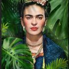 Colorful portrait of a woman with a unibrow and floral hair accessories on green leafy background