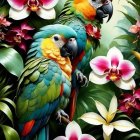 Colorful Parrot Illustration with Floral Motifs