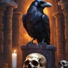 Raven on Skull with Wings, Candle, and Cryptic Text Background