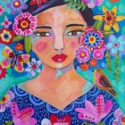 Colorful portrait of young girl with solemn expression amidst vibrant flowers