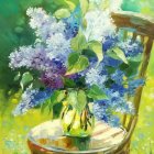 Purple and White Lilac Flowers in Vase on Wicker Chair in Sunlit Greenery