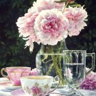 Still life painting: Table setting with pink peonies, floral teacups, and sugar pot