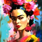 Vibrant woman portrait with floral crown and intense makeup