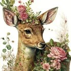 Illustration of a fawn with a floral crown in nature