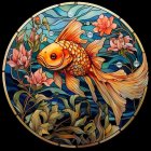 Colorful stained glass window with orange fish and aquatic theme