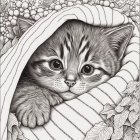 Tabby kitten with blue eyes on white blanket with blue stripes