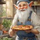 Bearded gnome with baked goods in cozy kitchen