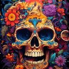 Colorful Skull with Floral Patterns and Blue Eyes in Vibrant Flower Tapestry