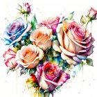 Colorful bouquet of roses in pink, peach, and purple on white background