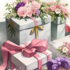 Elegantly wrapped gifts with colorful flowers and gold accents