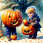 Child with Carved Pumpkins in Autumn Setting