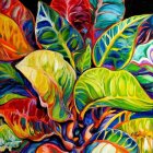 Colorful Overlapping Leaves with Vein Patterns on Dark Background