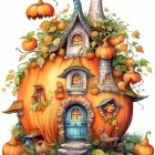 Illustrated Pumpkin House with Black Cat, Autumn Leaves, Lantern, and Small Pumpkins