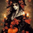 Person in witch costume with skull makeup holding pumpkin in eerie Halloween setting.