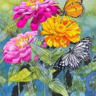 Colorful Flowers and Butterfly Illustration in Pink, Purple, Yellow, and Orange