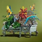 Colorful Macaws Perched on Victorian-Style Sofa with Tropical Foliage