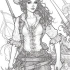 Female pirate illustration: blue-eyed, tricorn hat, white blouse, shorts, on ship with sea