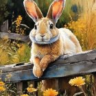 Tranquil rabbit on wooden fence in lush meadow