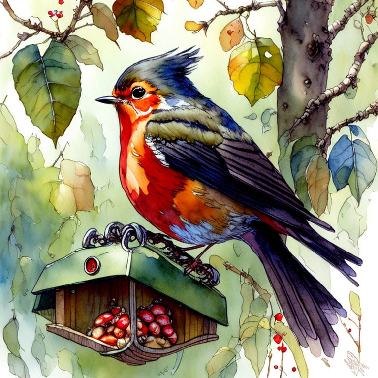 Colorful Bird with Red Chest and Blue Wings on Birdhouse with Green Leaves and Red Berries