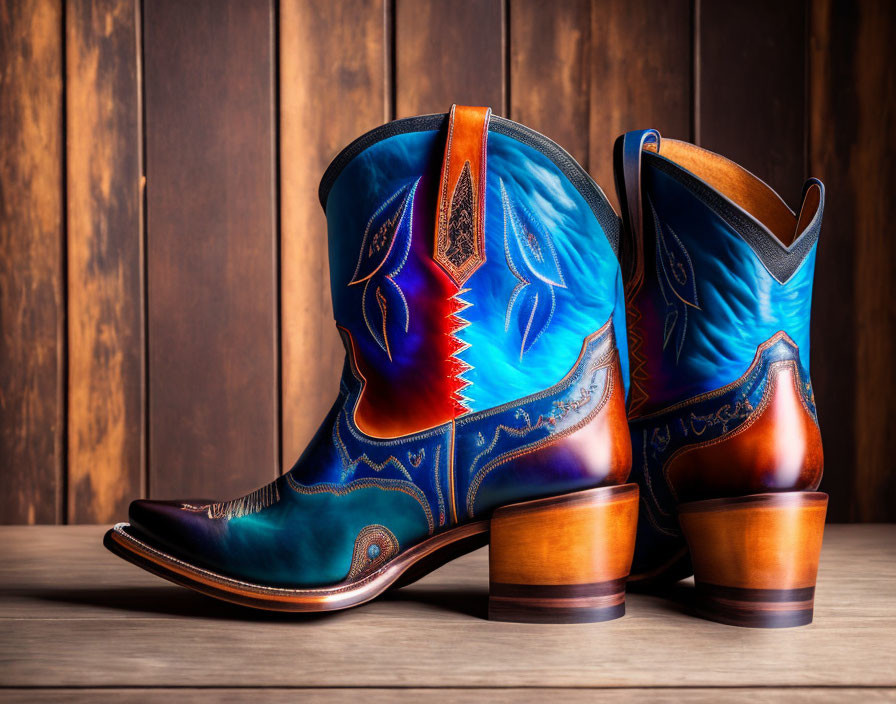 Colorful Cowboy Boots with Intricate Designs on Wooden Background