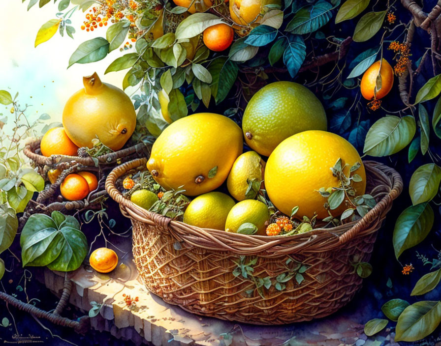 Vibrant painting of ripe citrus fruits in a woven basket among lush foliage