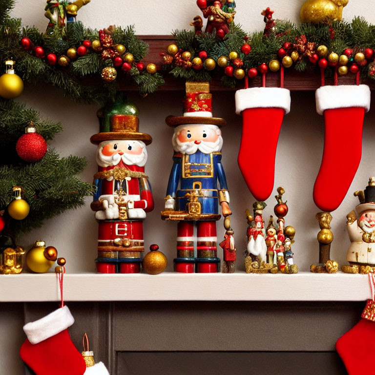 Decorated Christmas Mantle with Garlands, Baubles, Nutcrackers, and Stockings