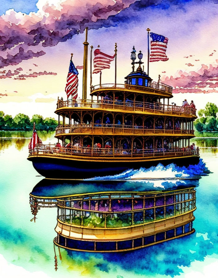 Vintage paddlewheel steamboat with American flags on calm waters at dusk