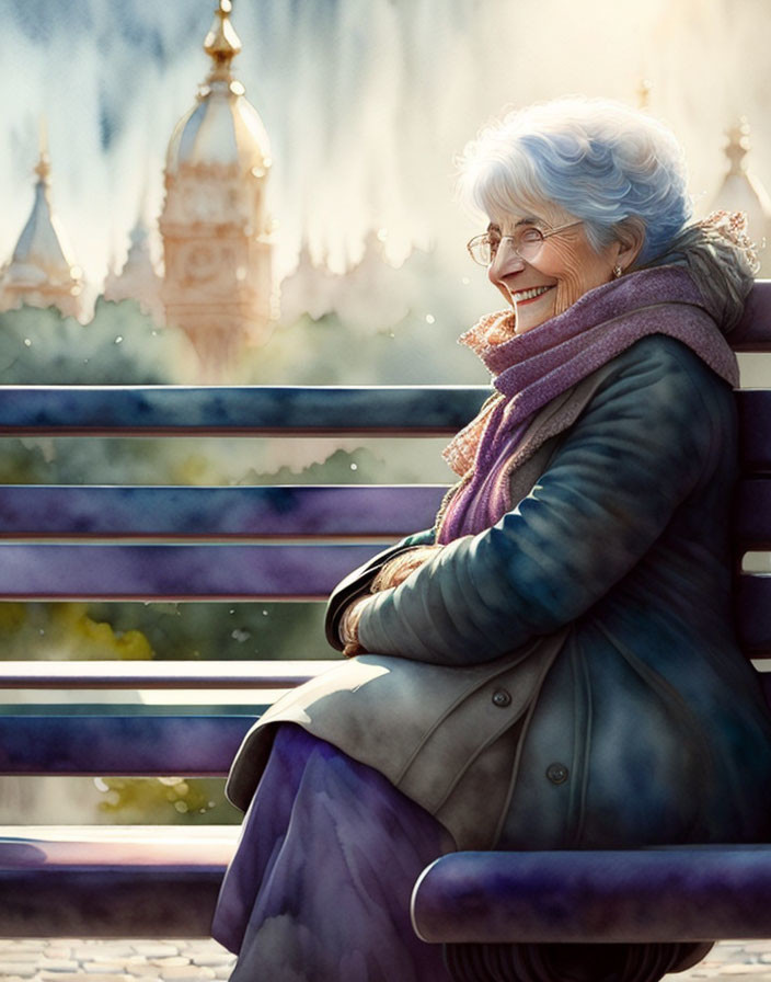 Elderly woman with blue hair smiling on bench in coat and scarf